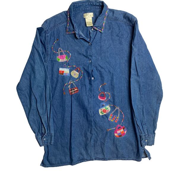 Bobbie Brooks Embroidered Denim Button-Up, Purse Design, Size Medium - Picture 1 of 4